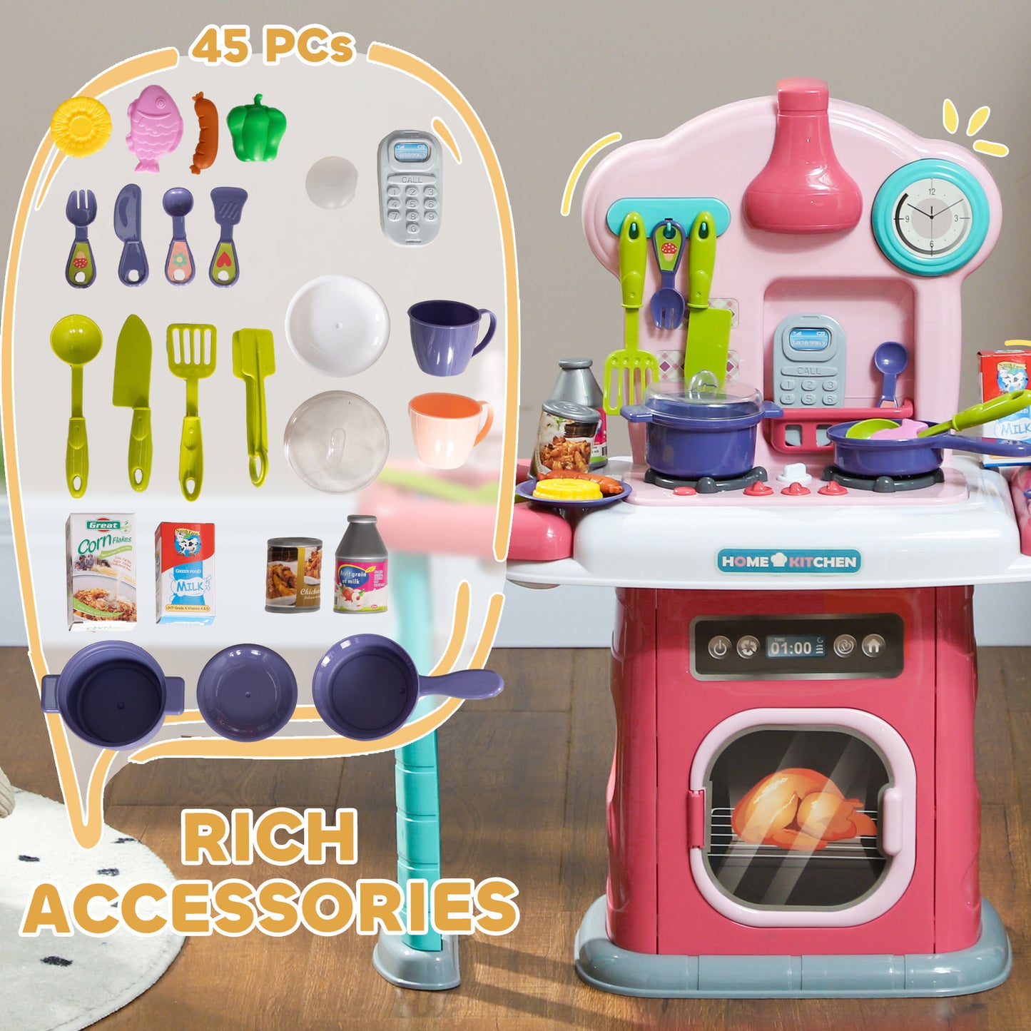 AIYAPLAY Toy Kitchen, 45 Pieces Kids/Toddler Pretend Role Play Kitchen with Rotating Side Tables with Light, Sounds, Spray Effect for Children 3-6 Years in Pink-6