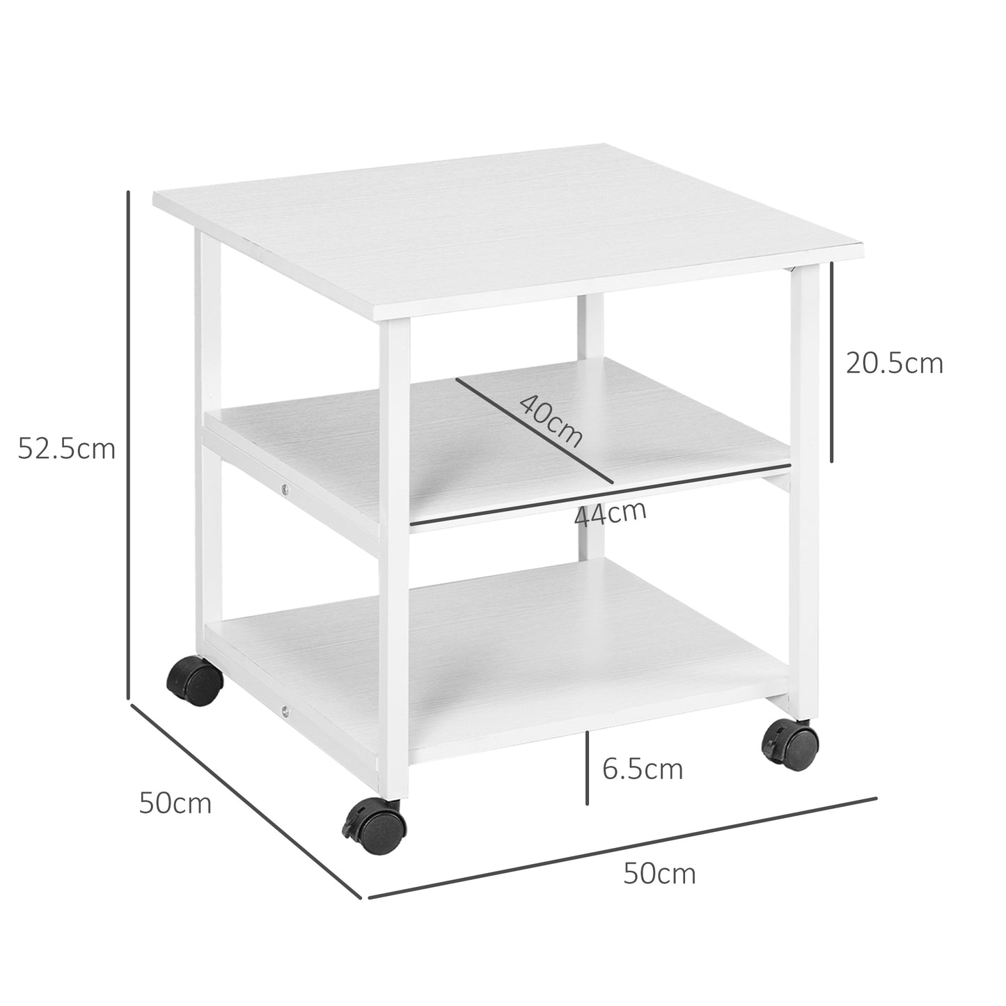 3-Tier Printer Stand w/ Storage Shelf, Mobile Printer Table on Wheels, 50 x 50 x 52.5cm Rolling Printer Cart for Home Office, White | HOMCOM-1