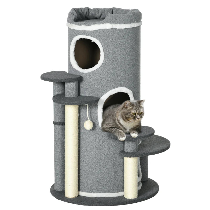 Barrel Shaped Cat Tree with Sisal Scratching Posts, Cat Bed, Platforms, Hanging Ball in Grey | PawHut-0