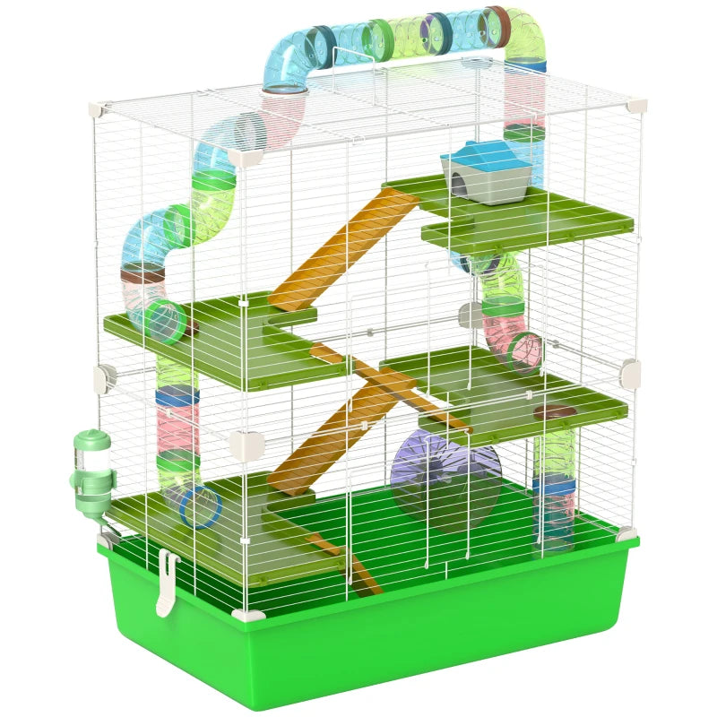 PawHut Hamster Cage with Water Bottle, Exercise Wheel, Tubes, Ramps in Blue or Green-1