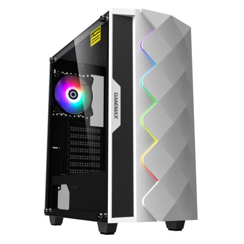 GameMax Diamond ARGB Gaming Case w/ Glass Window, ATX, ARGB Strip & Angled Pattern Front, Rear RGB Fan, LED Button, White-0