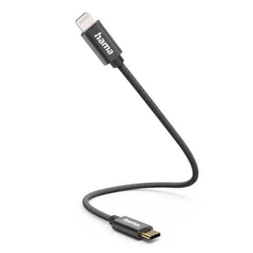 Hama Charging/Data USB-C to Lightning Cable, 480Mbps, Nylon Sheath, Gold-Plated, 0.2 Metre, Black-0