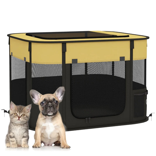 Foldable Dog Pen with Storage Bag for Indoor/Outdoor Use, Yellow | PawHut-0