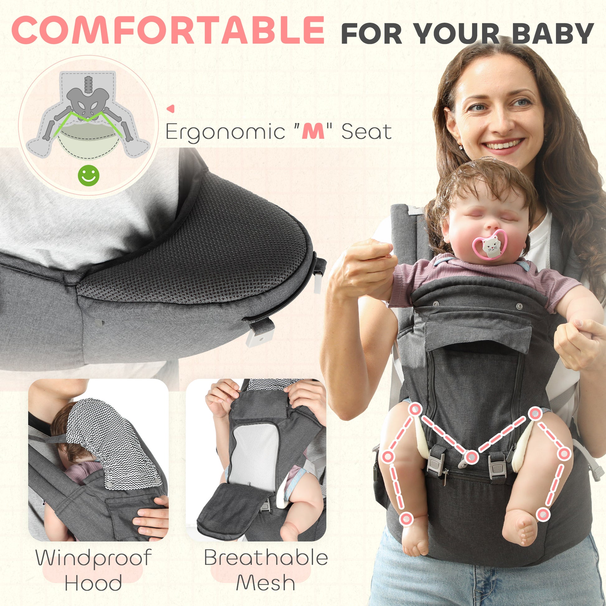 AIYAPLAY 6 in 1 Baby Carrier Newborn to Toddler with Removable Seat for 0-36 Months, Up to 15kg in Grey-4