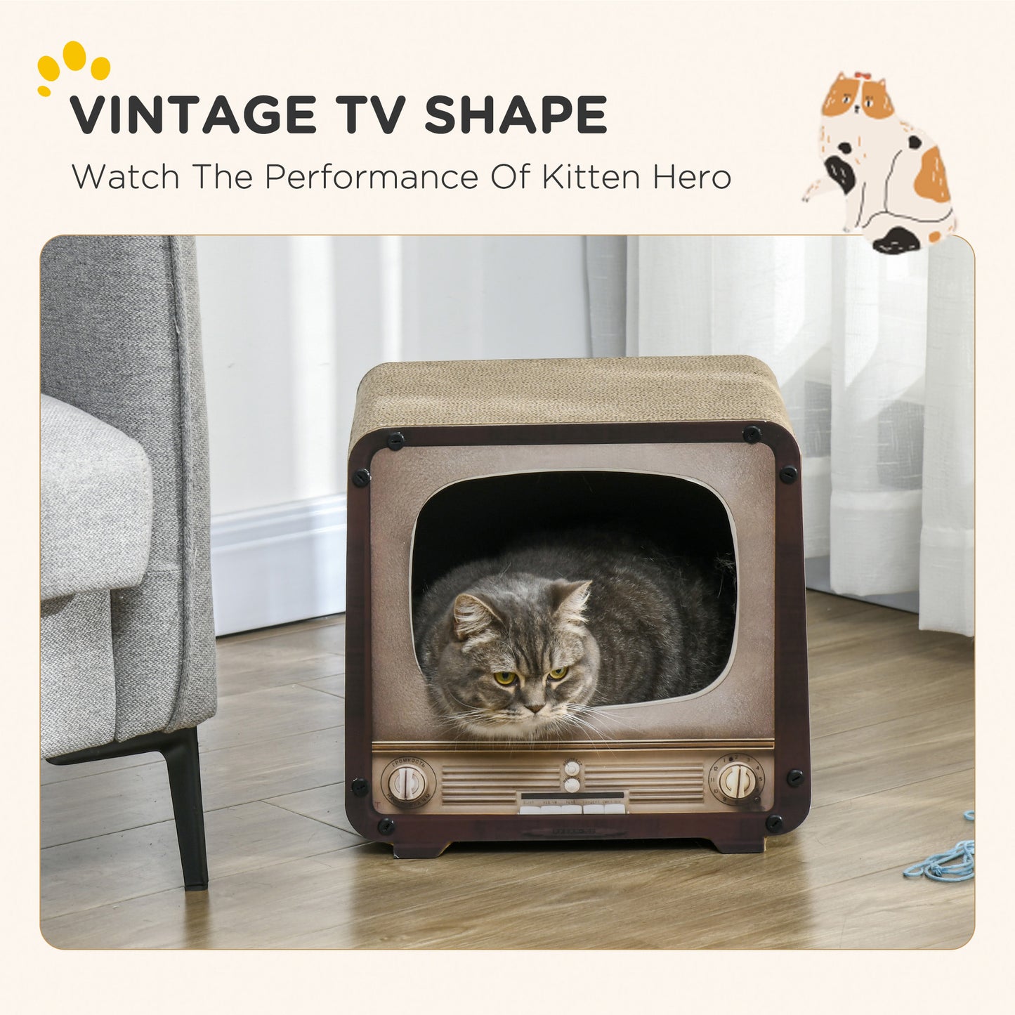 2 in 1 TV Shape Cat Scratching Board House with Catnip, for Indoor Cats in Brown | PawHut-3