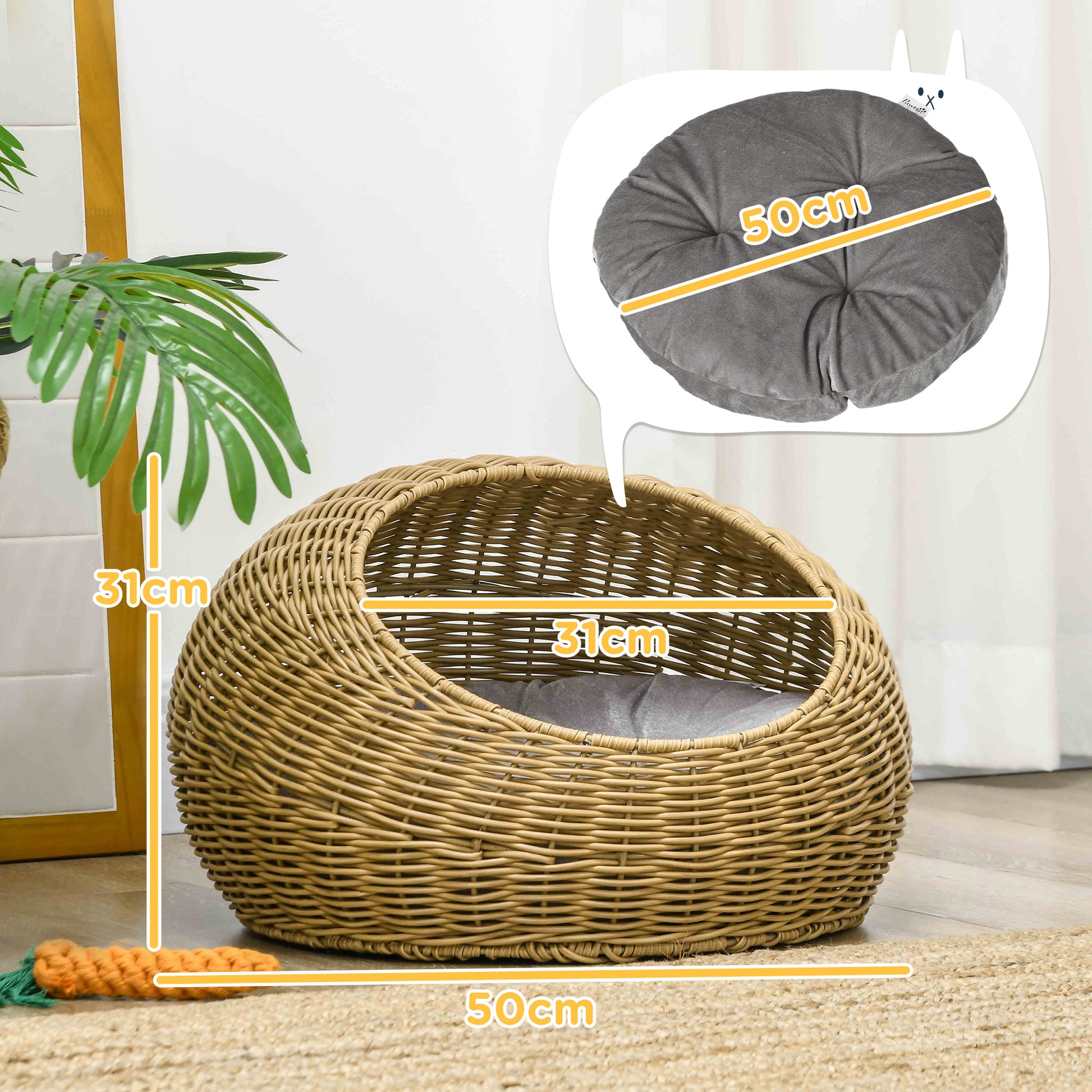 PawHut Wicker Cat House with Washable Cushion for Indoor Cats in Light Brown-1