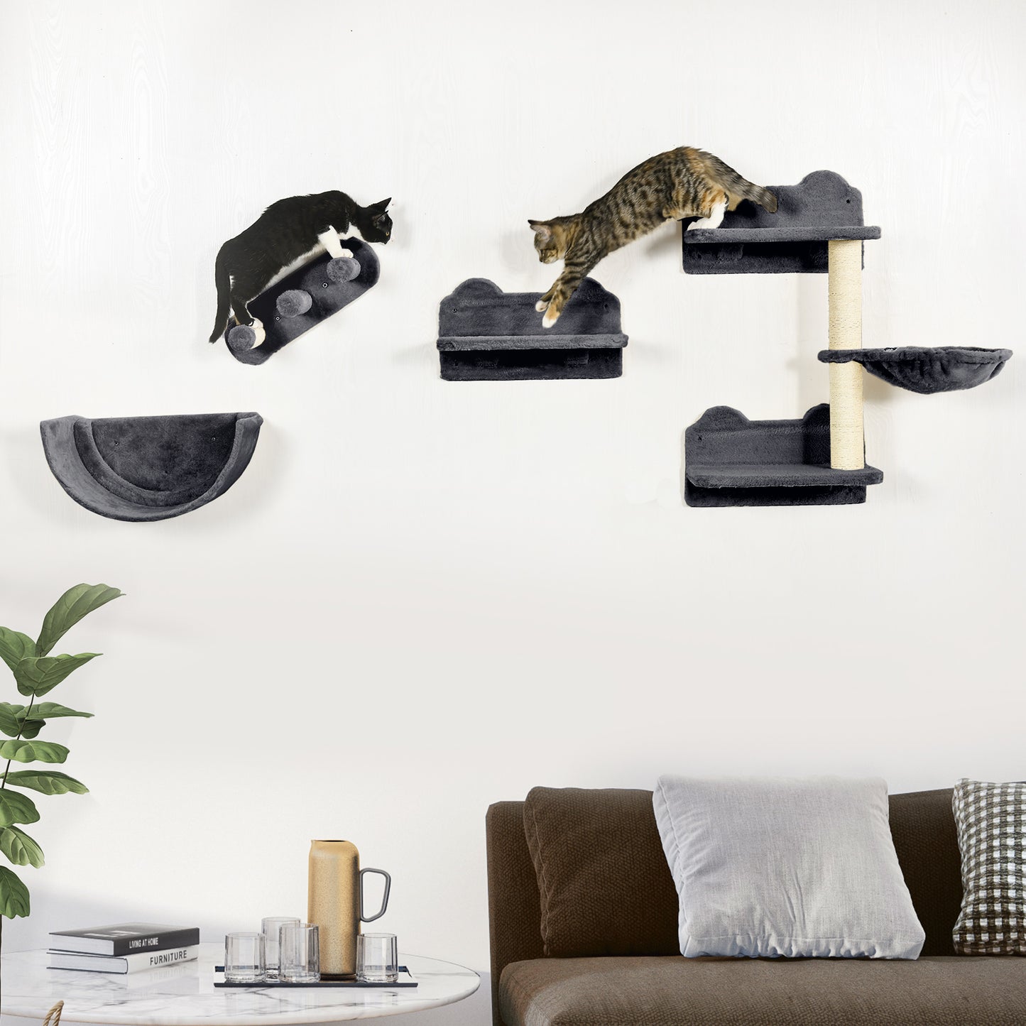 Wall Mounted Cat Shelves with Scratching Post, Hammock, Nest - Dark Grey | PawHut-8