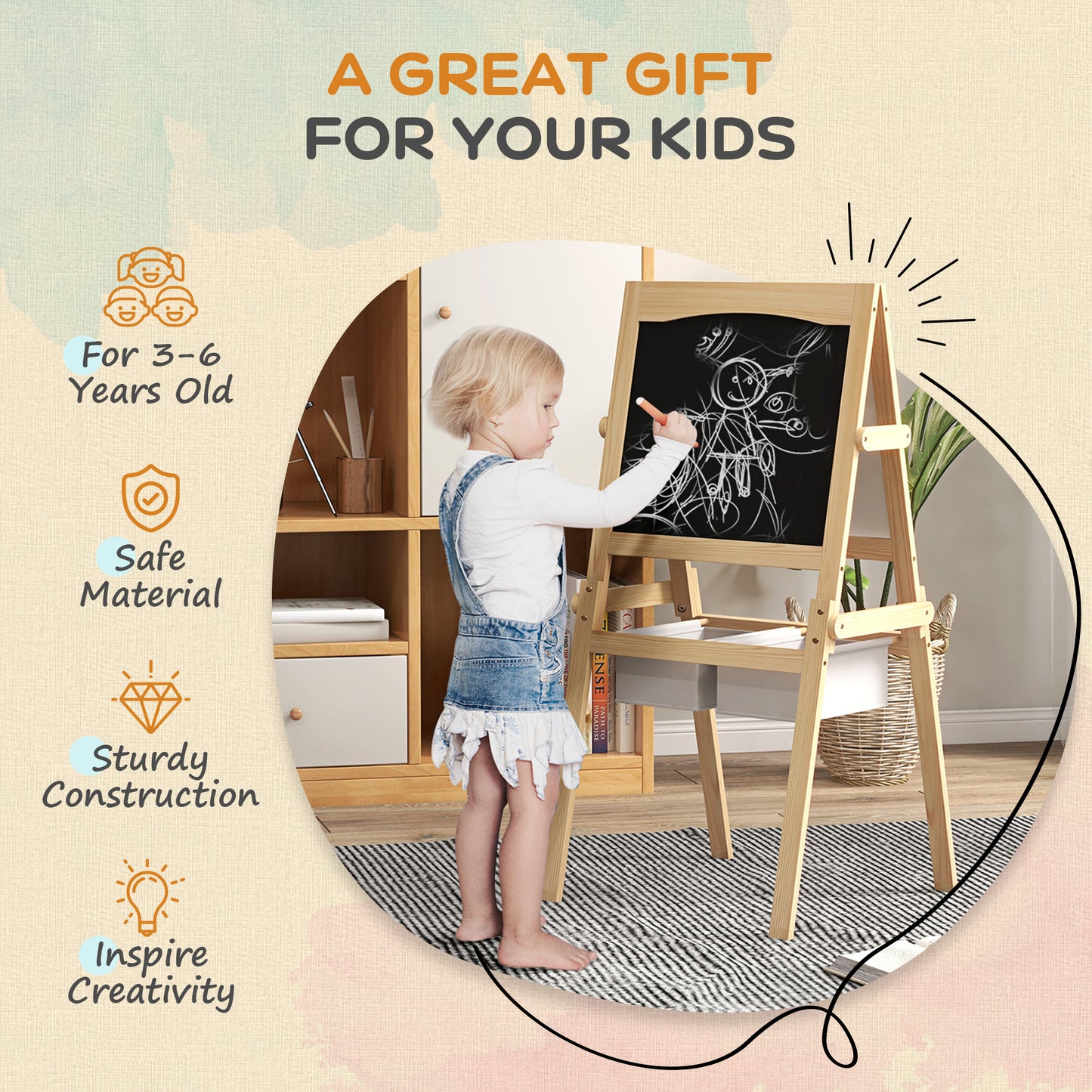 Kids Easel with Paper Roll, 3 in 1 Art Easel for Toddlers, Double-Sided Kids Whiteboard Blackboard with Storage Baskets, 3-6 Years | AIYAPLAY-4