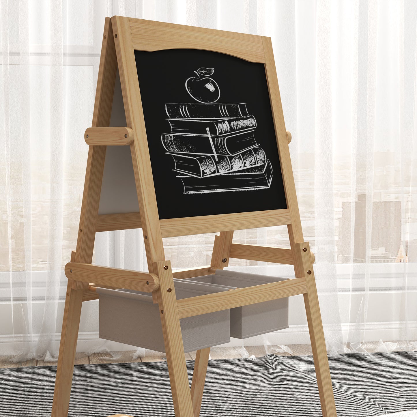 Kids Easel with Paper Roll, 3 in 1 Art Easel for Toddlers, Double-Sided Kids Whiteboard Blackboard with Storage Baskets, 3-6 Years | AIYAPLAY-7