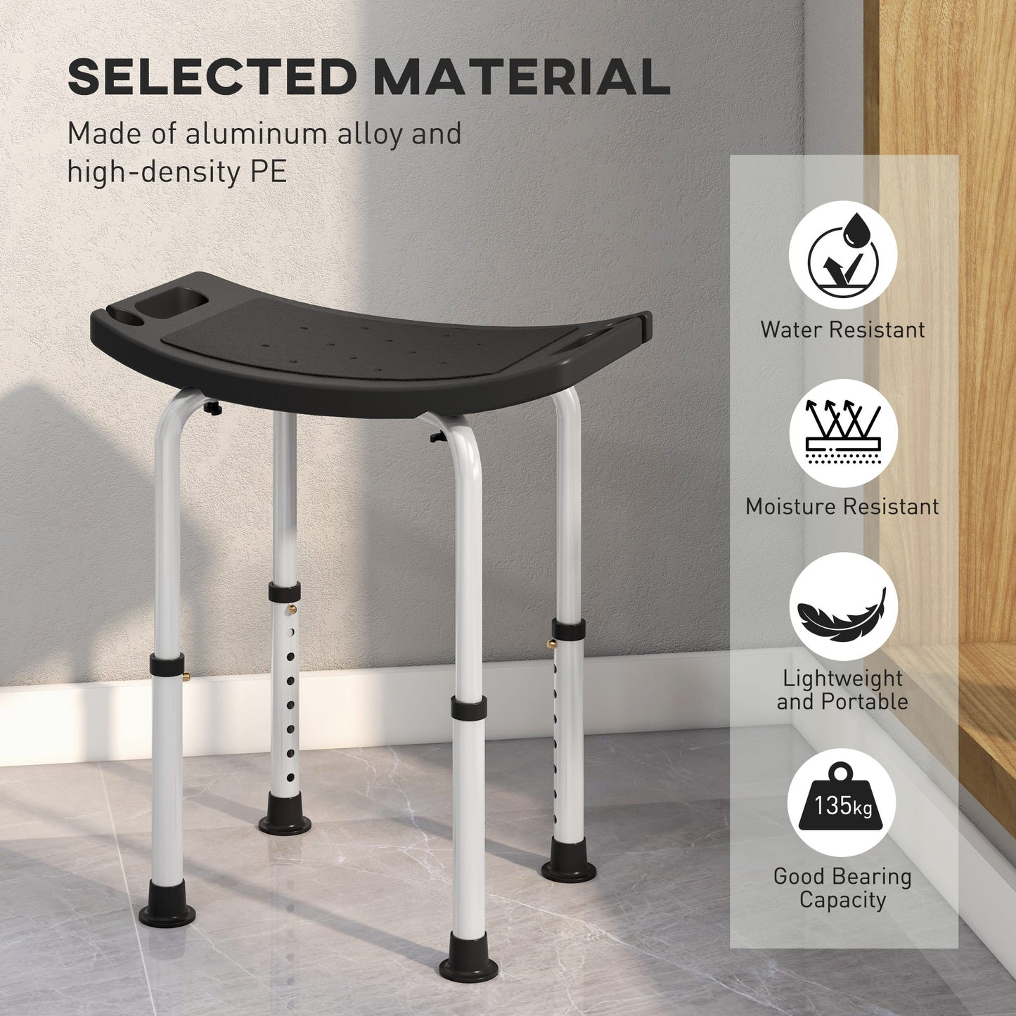 HOMCOM Height Adjustable Bath Stool, Aluminium Shower Stool with Non-Slip Pads for Elderly, Disabled, Seniors, Pregnant in Black-4