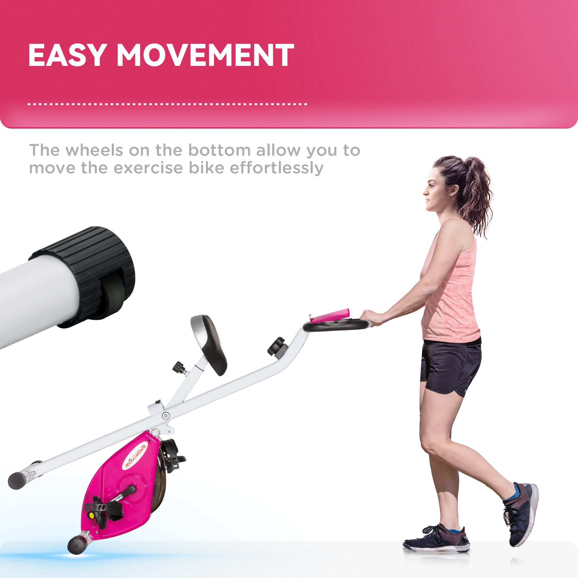 SPORTNOW Folding & Quiet Exercise Bike with 8-Level Magnetic Resistance and Heart-Rate Sensor for Home Gym, Pink and White-5