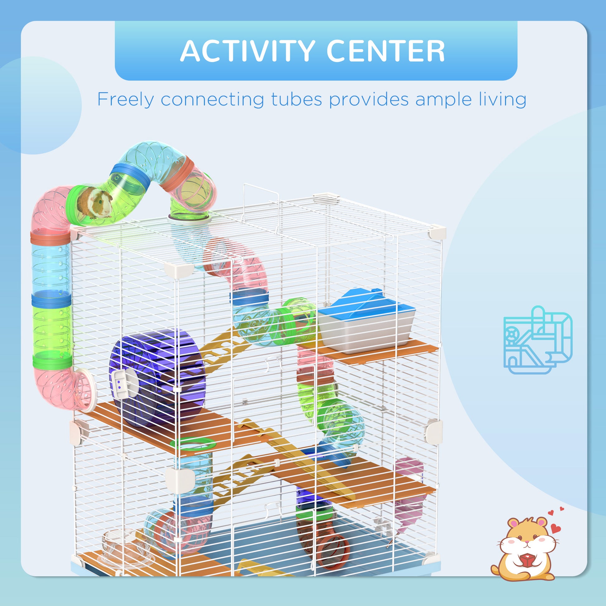 PawHut 5 Tier Hamster Cage Carrier Habitat with Exercise Wheels, Tunnel in Light Blue-2