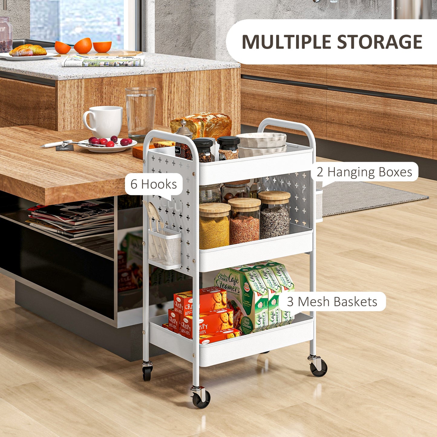 3-tier Storage Trolley on Wheels, Rolling Utility Serving Cart w/ 3 Mesh Baskets, 2 Hanging Boxes & 6 Hooks for Living Room, White | HOMCOM-2