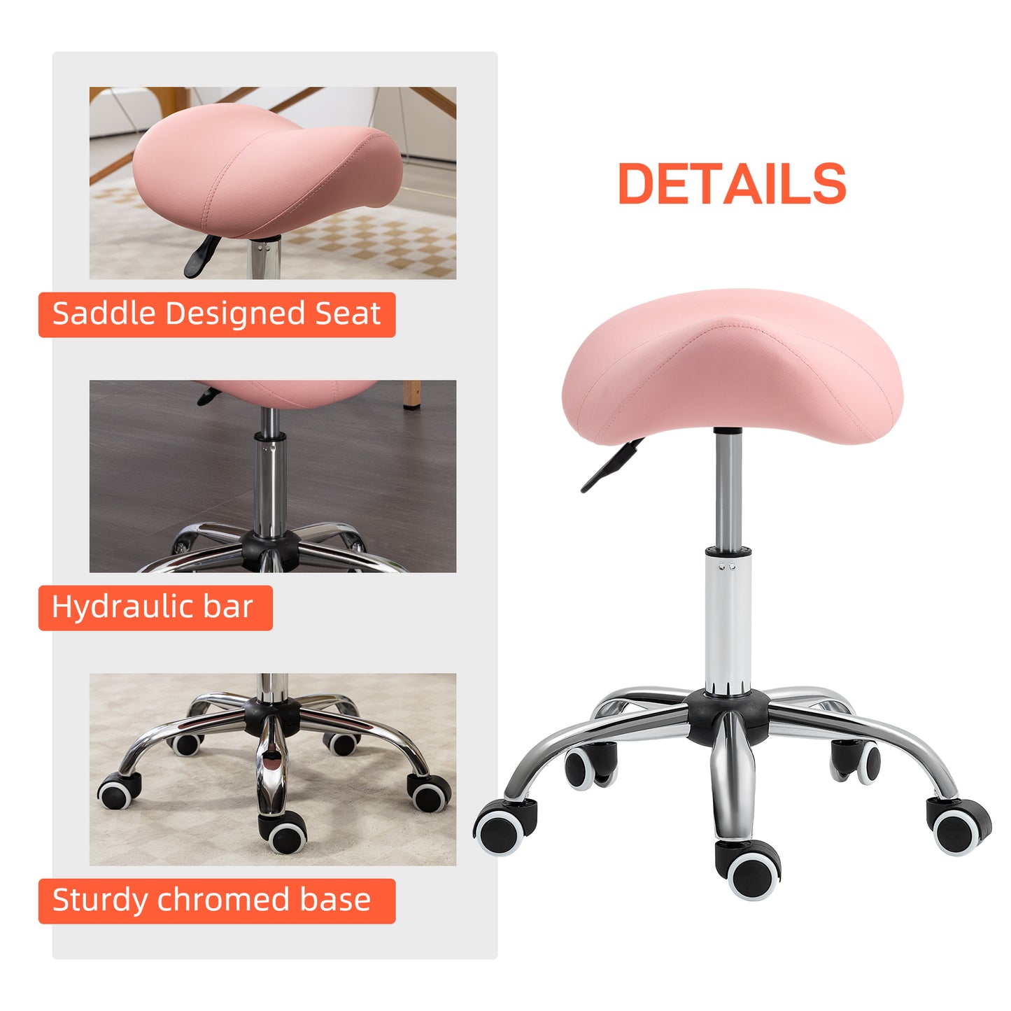 Saddle Stool, Height Adjustable Salon Chair for Massage Spa, Faux Leather in Pink | HOMCOM-4