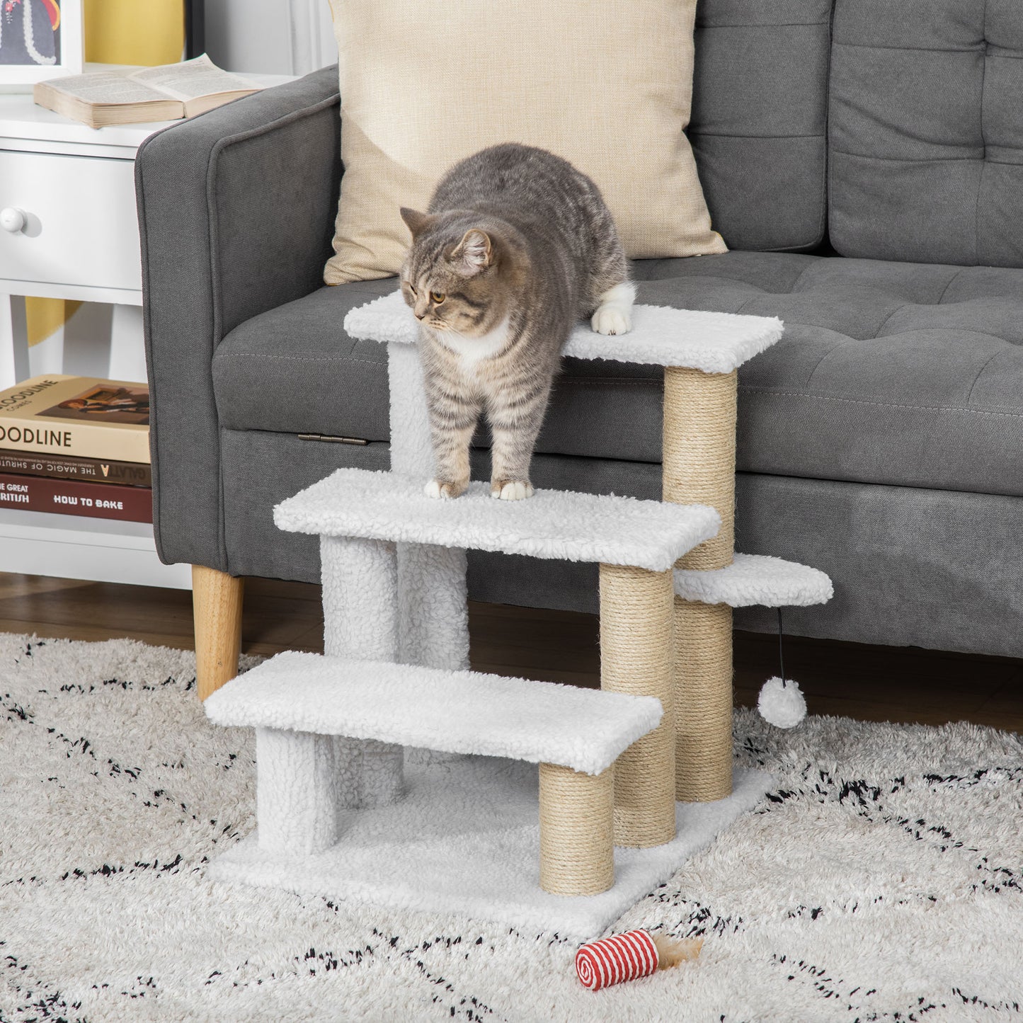 PawHut Pet Stair with 3-step Climb Ladder, Scratching Posts, Platforms, Toy Ball, for Indoor Elderly Cats Kittens in White-8