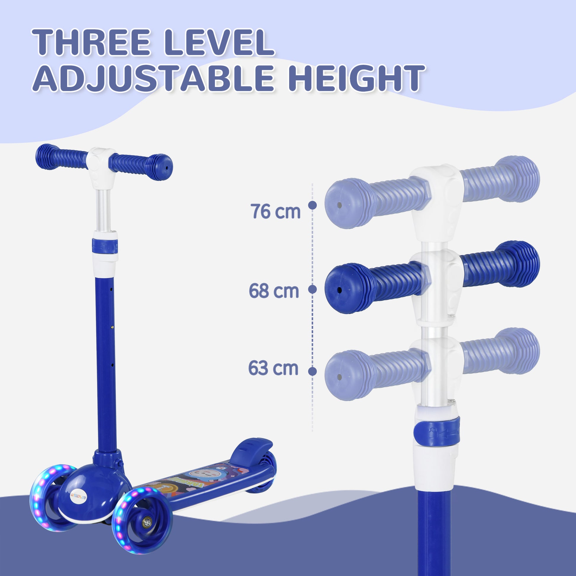 AIYAPLAY Kids 3 Wheel Scooter for 2-6 Years Old with Adjustable Height, LED Light, TPE Handlebar in Blue-2