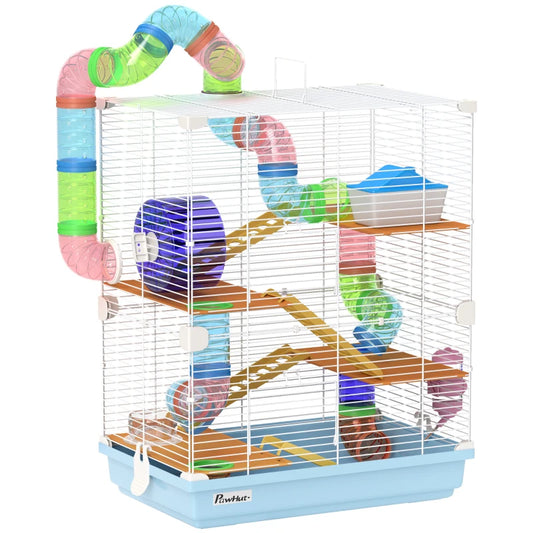 PawHut 5 Tier Hamster Cage Carrier Habitat with Exercise Wheels, Tunnel in Light Blue-0