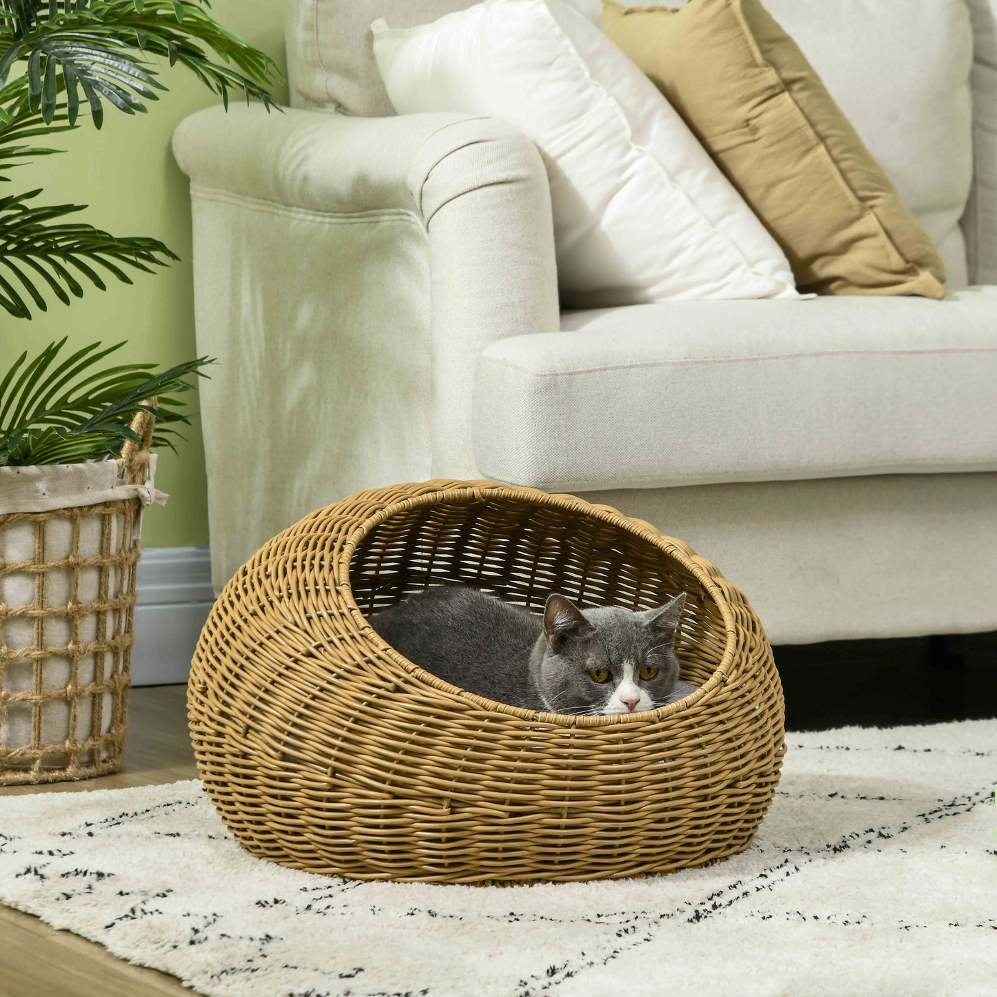 PawHut Wicker Cat House with Washable Cushion for Indoor Cats in Light Brown-8