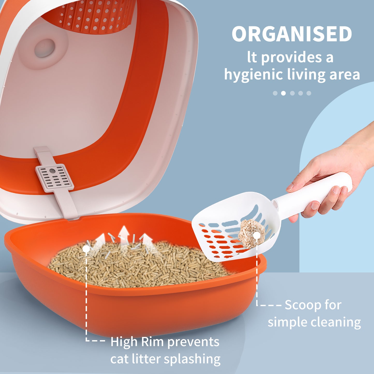 Foldable Cat Litter Tray with Lid, Deodorant, Scoop, Orange | PawHut-3