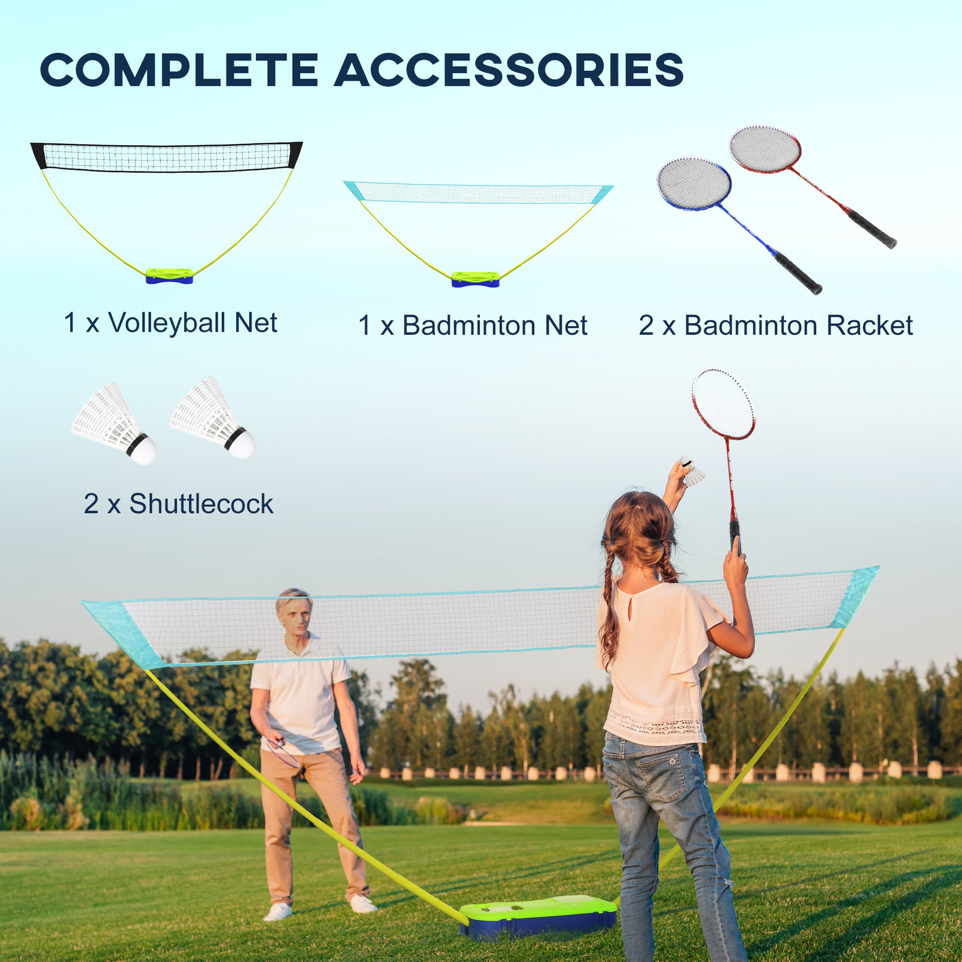 Badminton Set with Volleyball Net, Portable Badminton Net with 2 Rackets, 2 Shuttlecocks and Carry Case, for Indoor Outdoor Sports | SPORTNOW-4