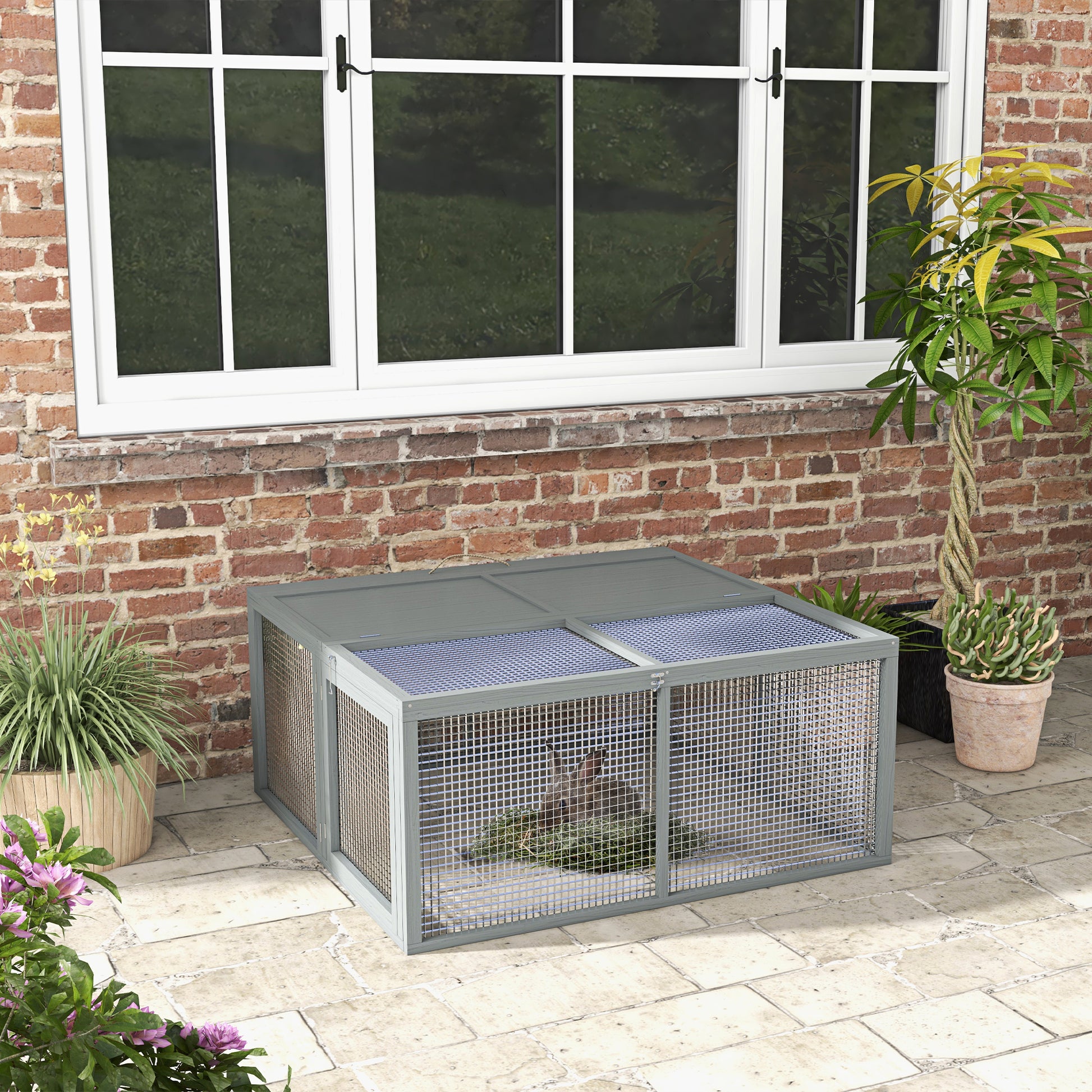 Wooden Folding Rabbit Hutch, Grey | PawHut-8