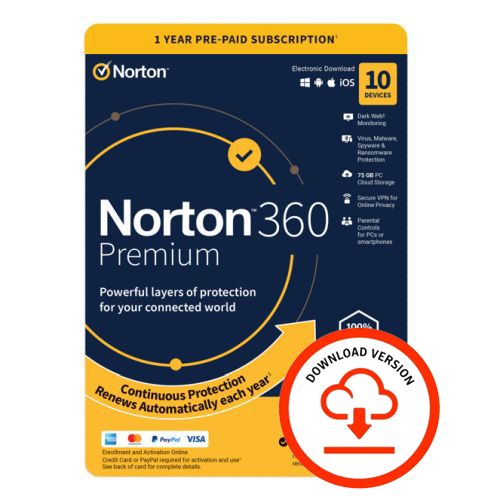 Norton 360 Premium 1x 10 Device, 1 Year ESD - Single 10 Device Licence via email - 75GB Cloud Storage - PC, Mac, iOS & Android *Non-enrolment*-0