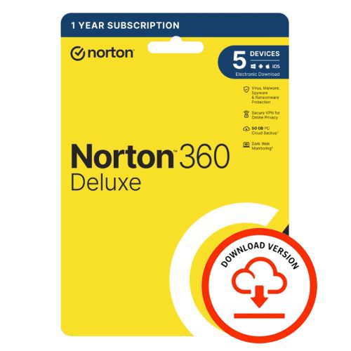 Norton 360 Deluxe 1x 5 Device, 1 Year ESD - Single 5 Device Licence via email, 50GB Cloud Storage - PC, Mac, iOS & Android *Non-enrolment*-0