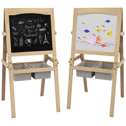 Kids Easel with Paper Roll, 3 in 1 Art Easel for Toddlers, Double-Sided Kids Whiteboard Blackboard with Storage Baskets, 3-6 Years | AIYAPLAY-0