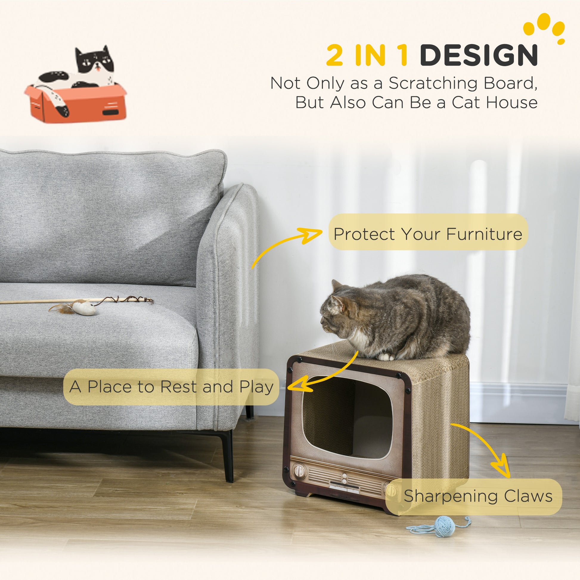 2 in 1 TV Shape Cat Scratching Board House with Catnip, for Indoor Cats in Brown | PawHut-4