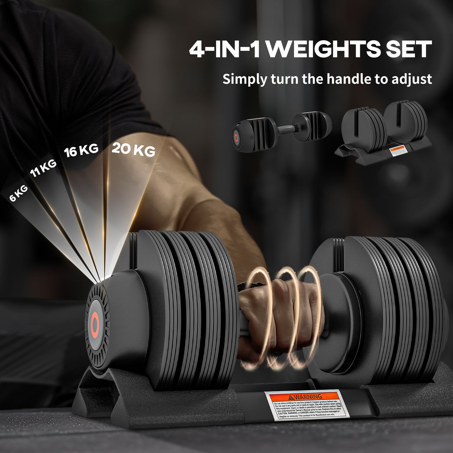 Adjustable Dumbbells Set, 4-in-1 Weights Set with Storage Tray and Non-Slip Handle, 6KG 11KG 16KG 20KG | SPORTNOW-2