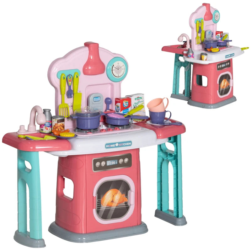 AIYAPLAY Toy Kitchen, 45 Pieces Kids/Toddler Pretend Role Play Kitchen with Rotating Side Tables with Light, Sounds, Spray Effect for Children 3-6 Years in Pink-0