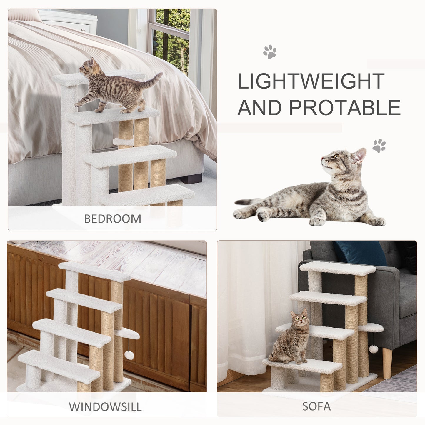 PawHut Pet Stair with 4-step Climb Ladder, Scratching Posts, Platforms, Toy Ball, for Indoor Elderly Cats Kittens in White-5