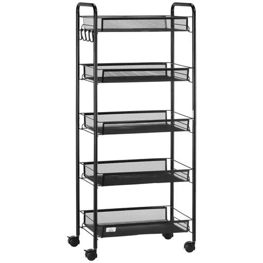 HOMCOM 5 Tier Utility Rolling Cart, Metal Storage Cart, Kitchen Cart with Removable Mesh Baskets, for Living Room, Laundry, Garage and Bathroom in Black-0