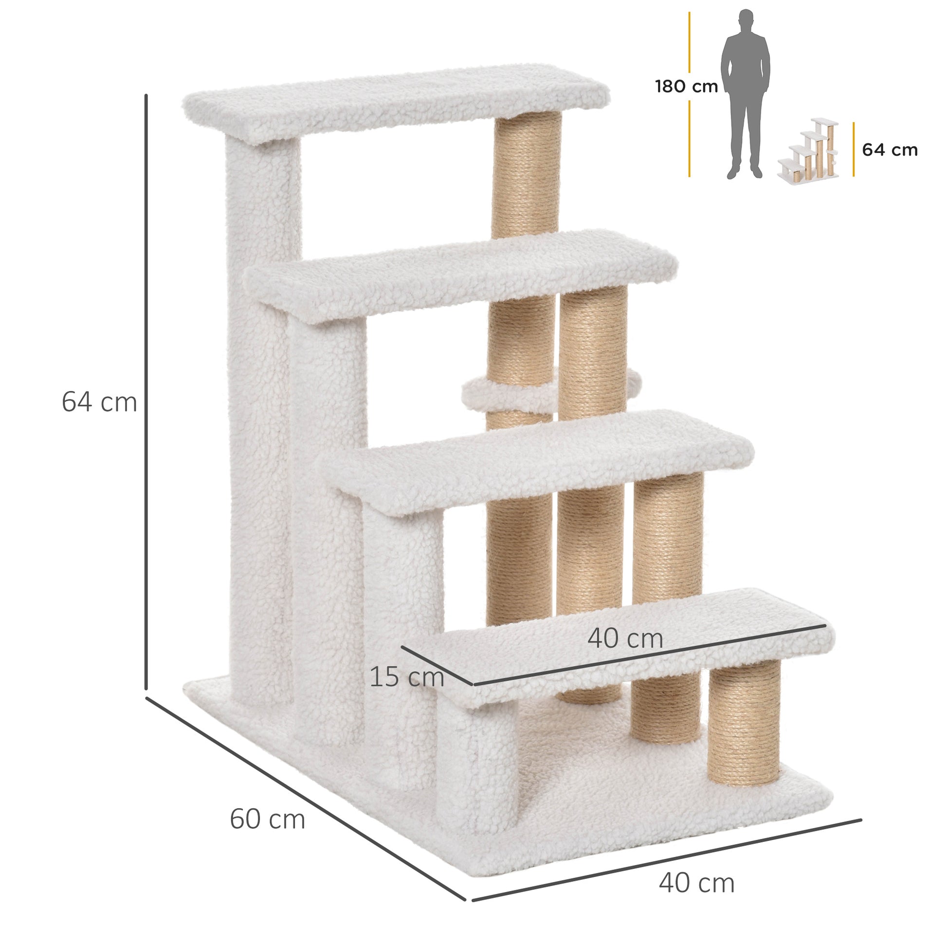 PawHut Pet Stair with 4-step Climb Ladder, Scratching Posts, Platforms, Toy Ball, for Indoor Elderly Cats Kittens in White-1