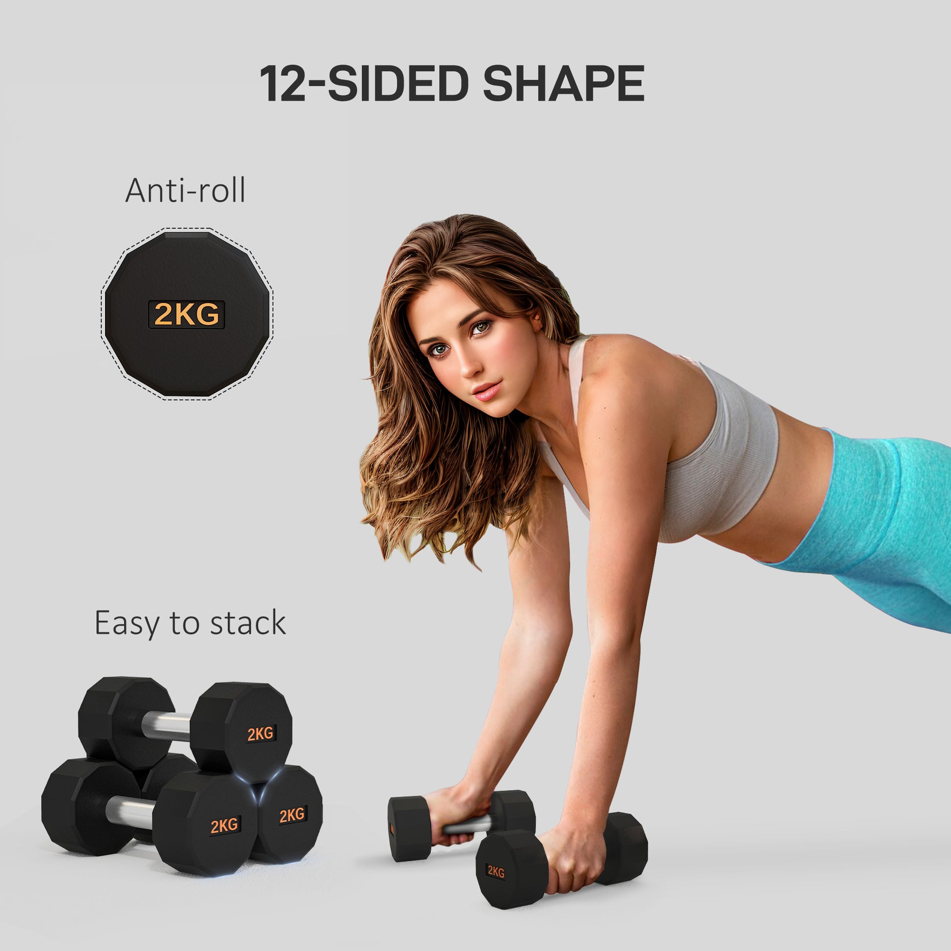 2x 2kg Dumbbells Weights Set with 12-Sided Shape and Non-Slip Grip for Men or Women Home/Gym Workouts-2