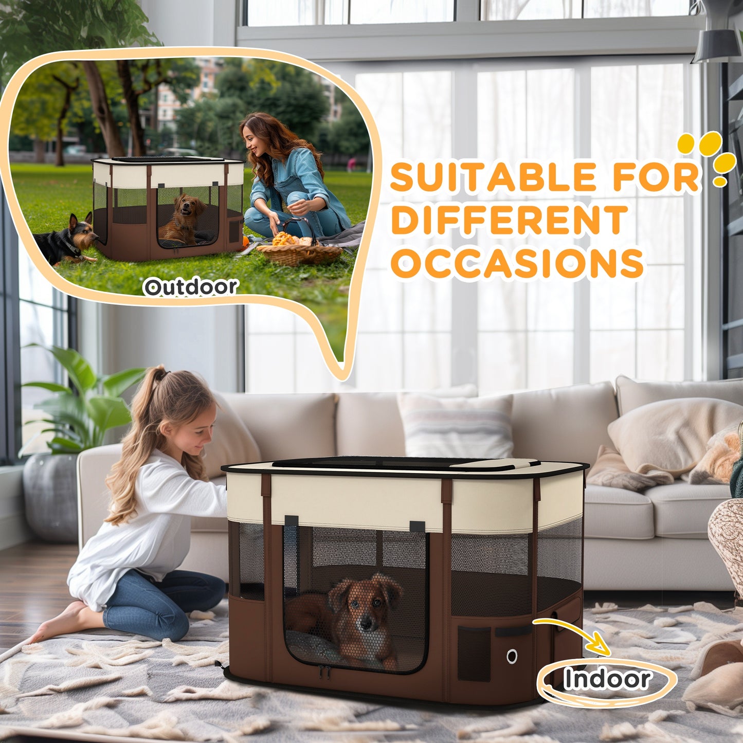 Foldable Dog Pen with Storage Bag for Indoor/Outdoor Use, Brown | PawHut-5