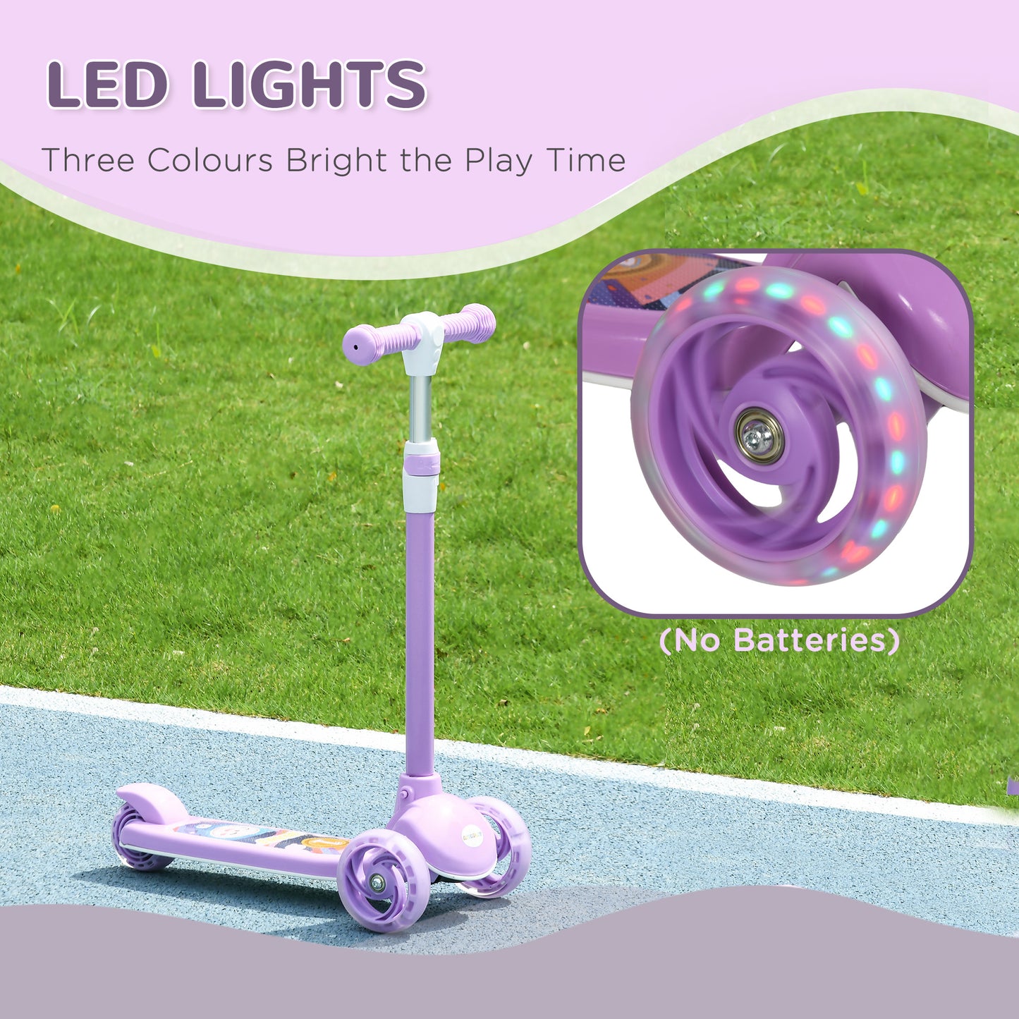 AIYAPLAY Kids 3 Wheel Scooter for 2-6 Years Old w/ Adjustable Height, LED Light, TPE Handlebar, Purple-4