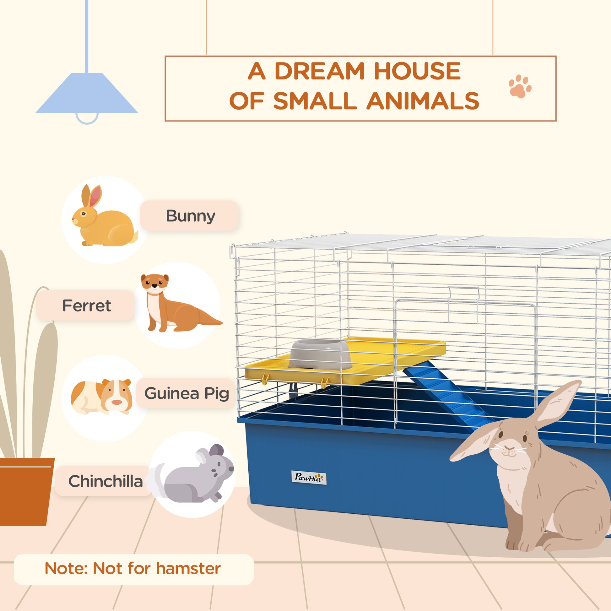 Chinchillas Small Rabbit Guinea Pig Small Animal Cage, Pet Playhouse, with Platform, Ramp, 99 x 52 x 53cm in Blue | PawHut-2