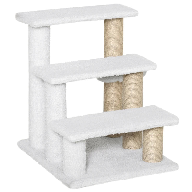 PawHut Pet Stair with 3-step Climb Ladder, Scratching Posts, Platforms, Toy Ball, for Indoor Elderly Cats Kittens in White-0