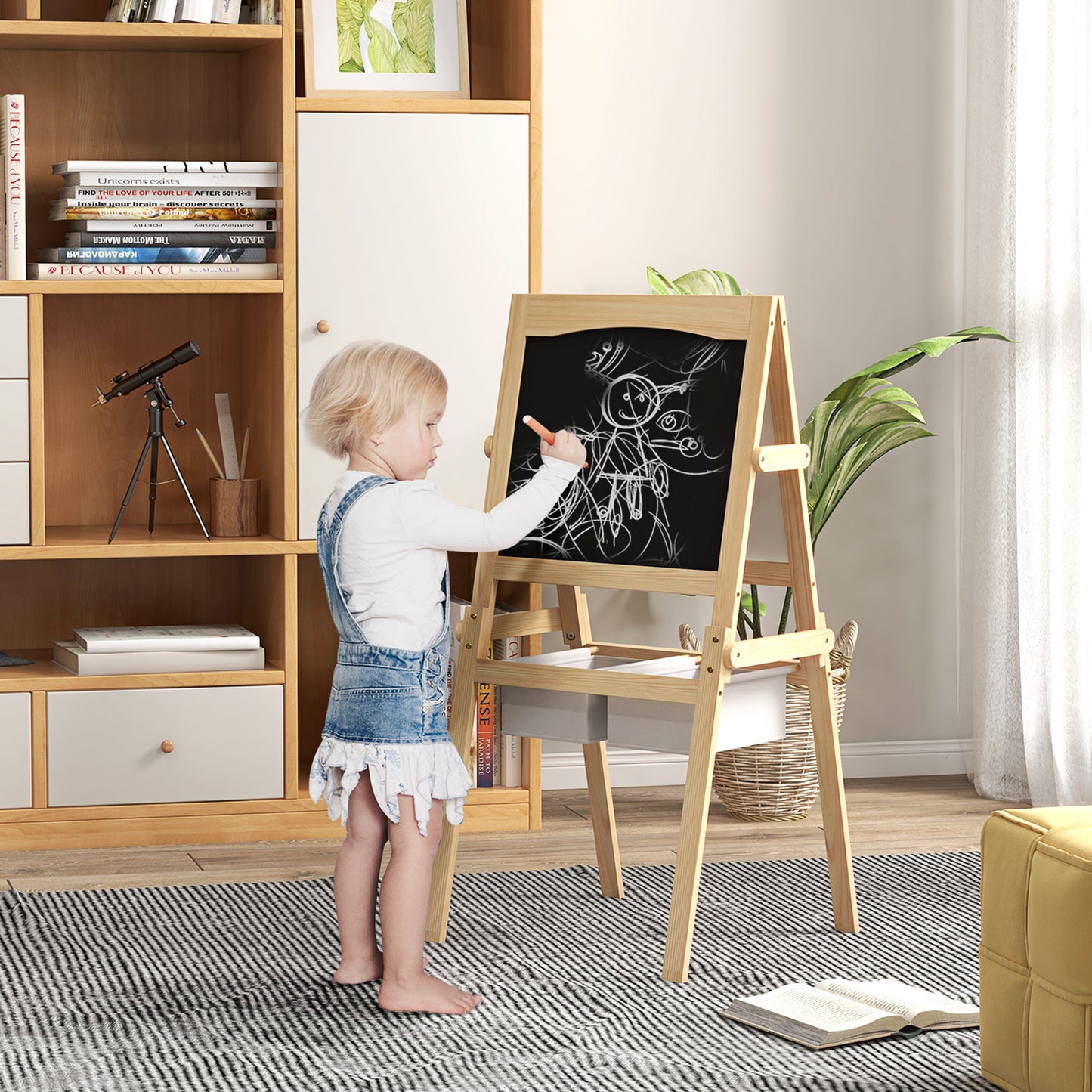 Kids Easel with Paper Roll, 3 in 1 Art Easel for Toddlers, Double-Sided Kids Whiteboard Blackboard with Storage Baskets, 3-6 Years | AIYAPLAY-8