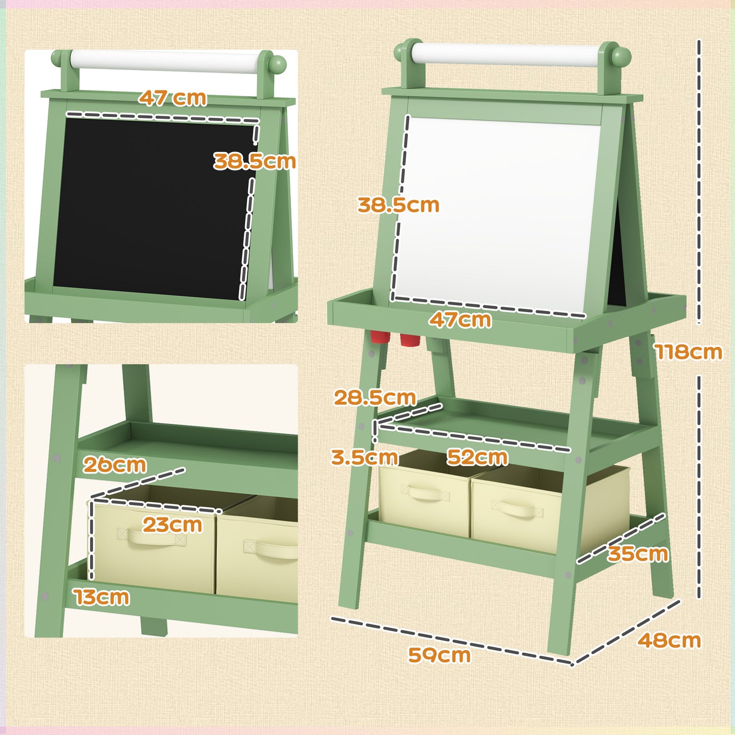 AIYAPLAY 3 in 1 Kids Easel Double-Sided Magnetic Whiteboard and Chalkboard with Paper Roll, Storage Baskets in Green-1