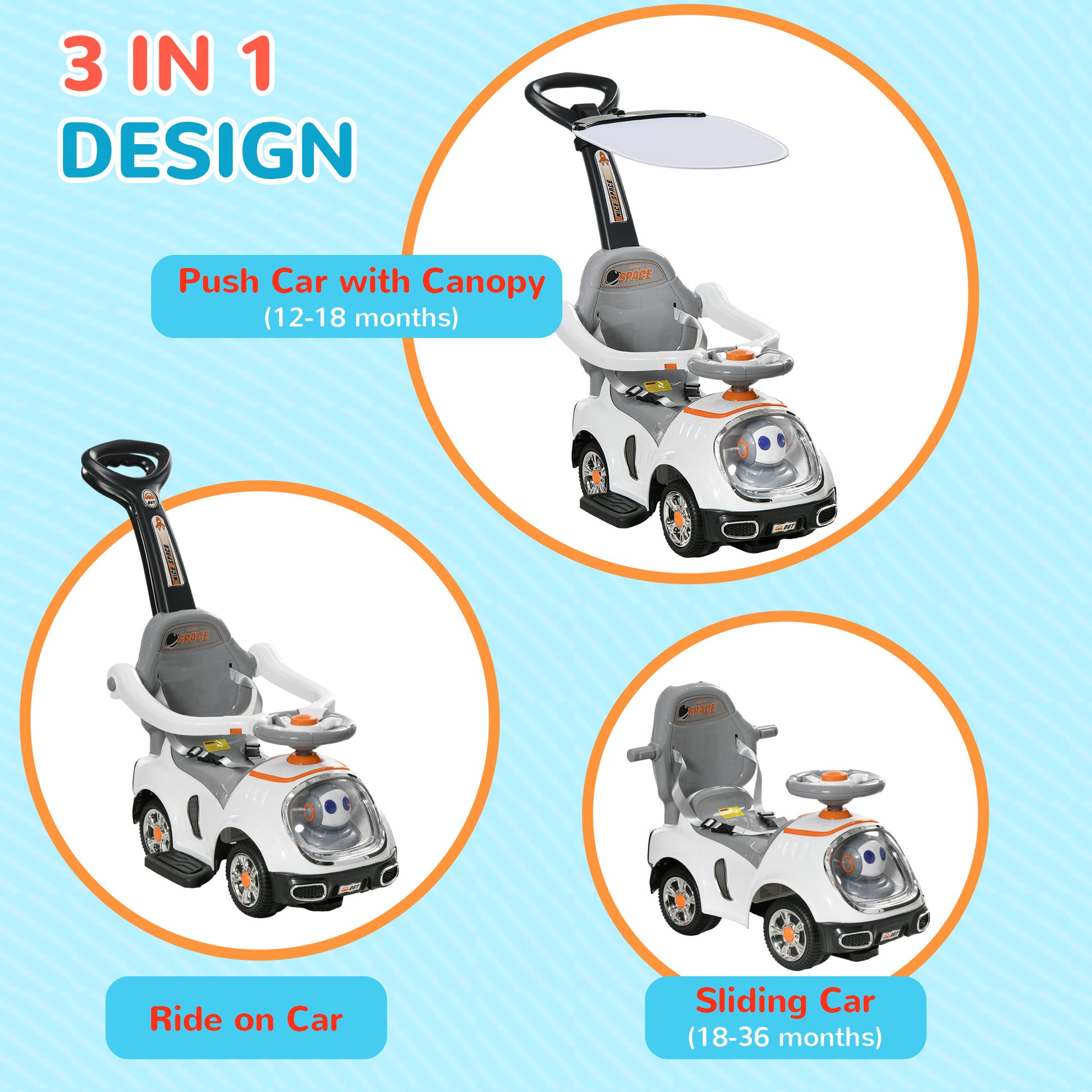 AIYAPLAY 3 in 1 Ride on Push Car, Cartoon Robot Theme Foot to Floor Slider w/ Handle Light Music Horn, Storage - White-2