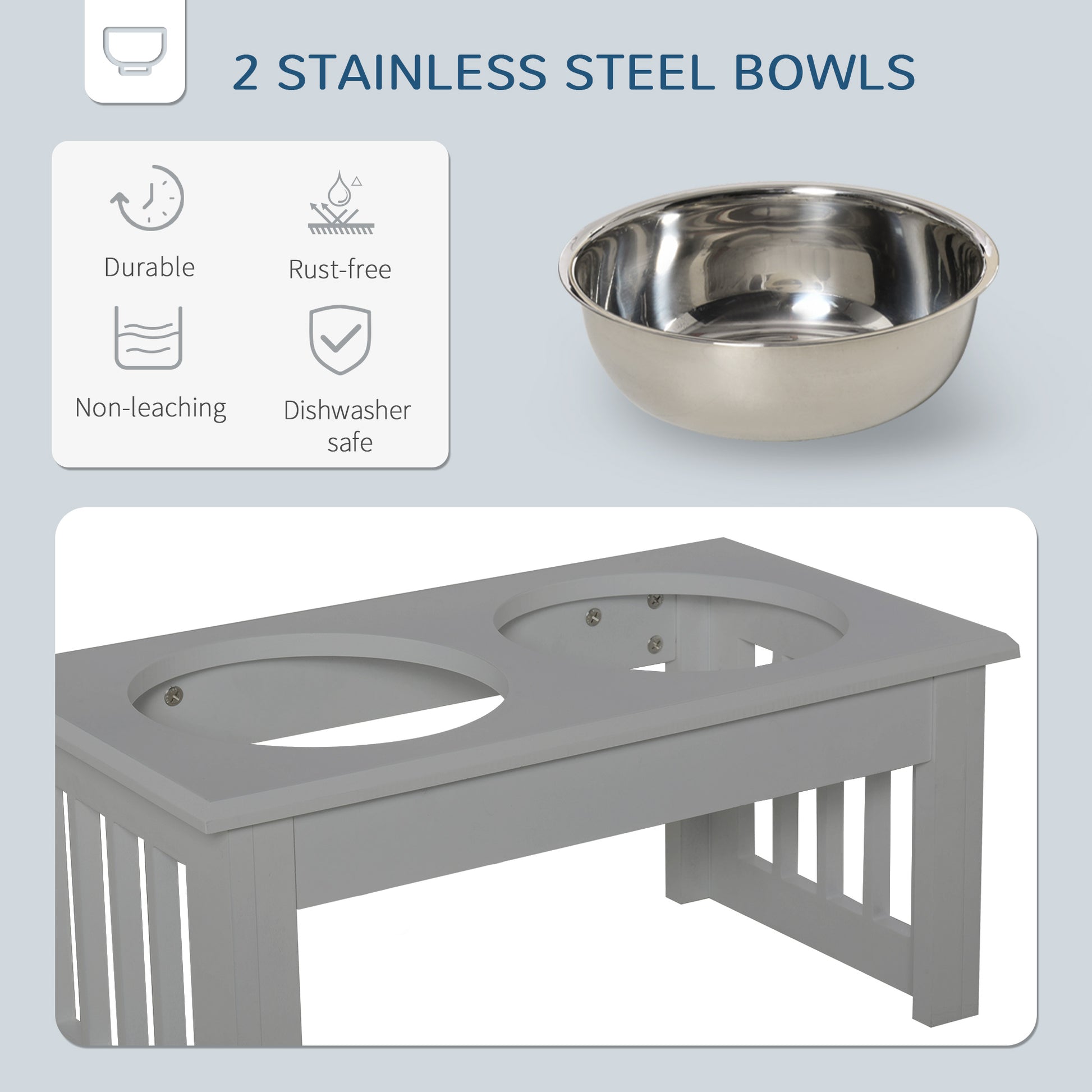 Raised Dog Feeding Bowls with Stand, Stainless Steel for Extra Small and Small Dog, 44L x 24W x 15H cm in Grey | PawHut-3