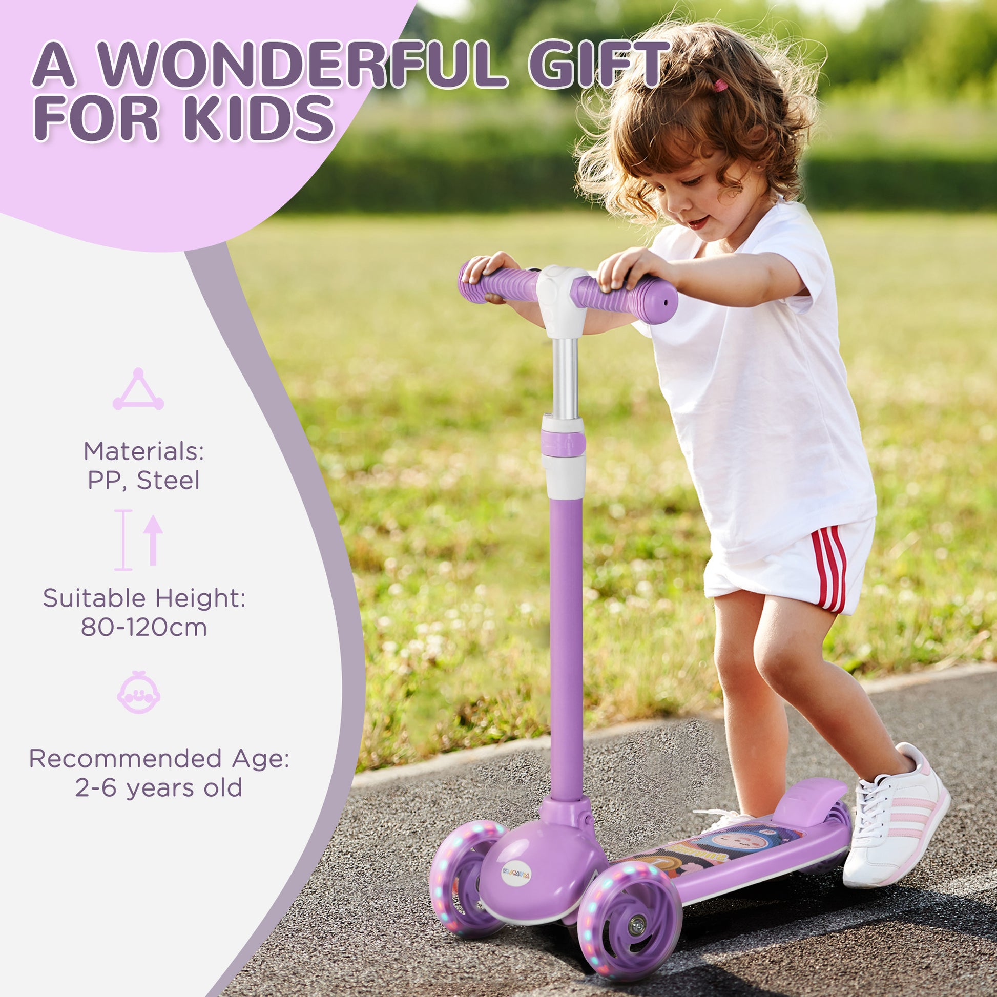 AIYAPLAY Kids 3 Wheel Scooter for 2-6 Years Old w/ Adjustable Height, LED Light, TPE Handlebar, Purple-5