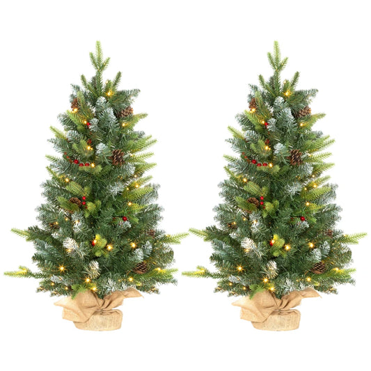 HOMCOM 2x 3ft Prelit Artificial Christmas Tree with LED Light and 291 Tips, Concrete Base, Tabletop Xmas Tree with Pine Cones and Red Berries in Green-0