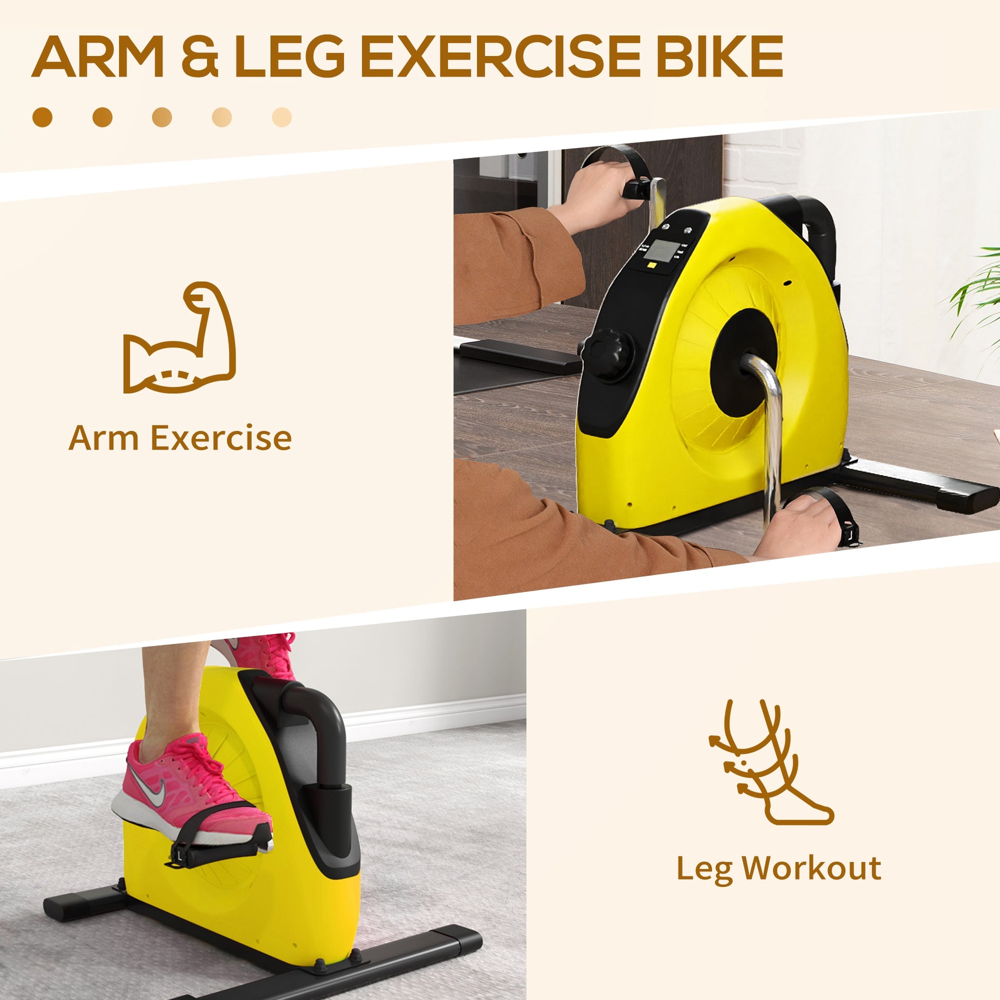 SPORTNOW Mini Exercise Bike, Portable Pedal Exerciser with LCD Display for Legs and Arms Rehabilitation and Therapy in Yellow-2