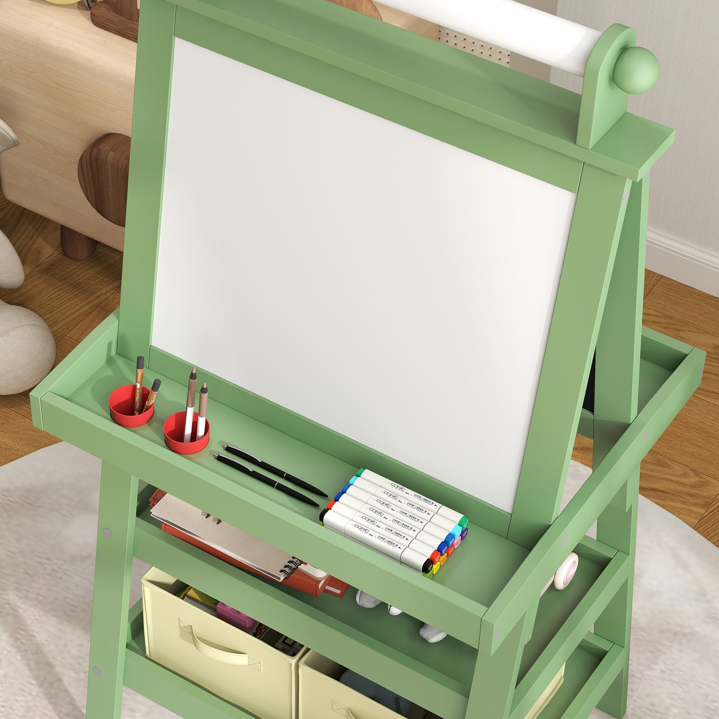 AIYAPLAY 3 in 1 Kids Easel Double-Sided Magnetic Whiteboard and Chalkboard with Paper Roll, Storage Baskets in Green-6