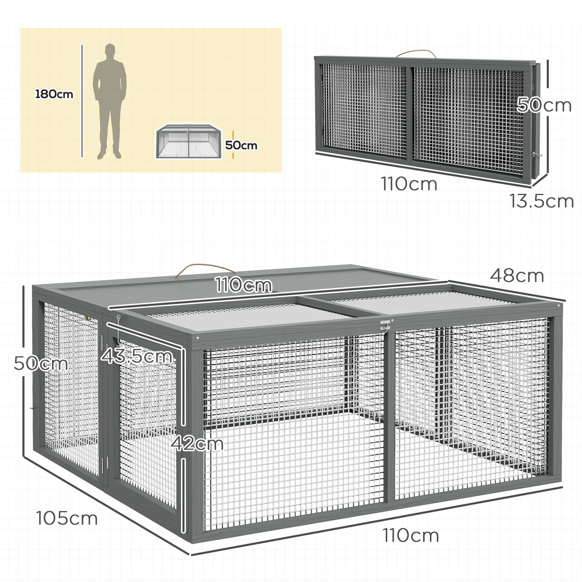 Wooden Folding Rabbit Hutch, Grey | PawHut-1