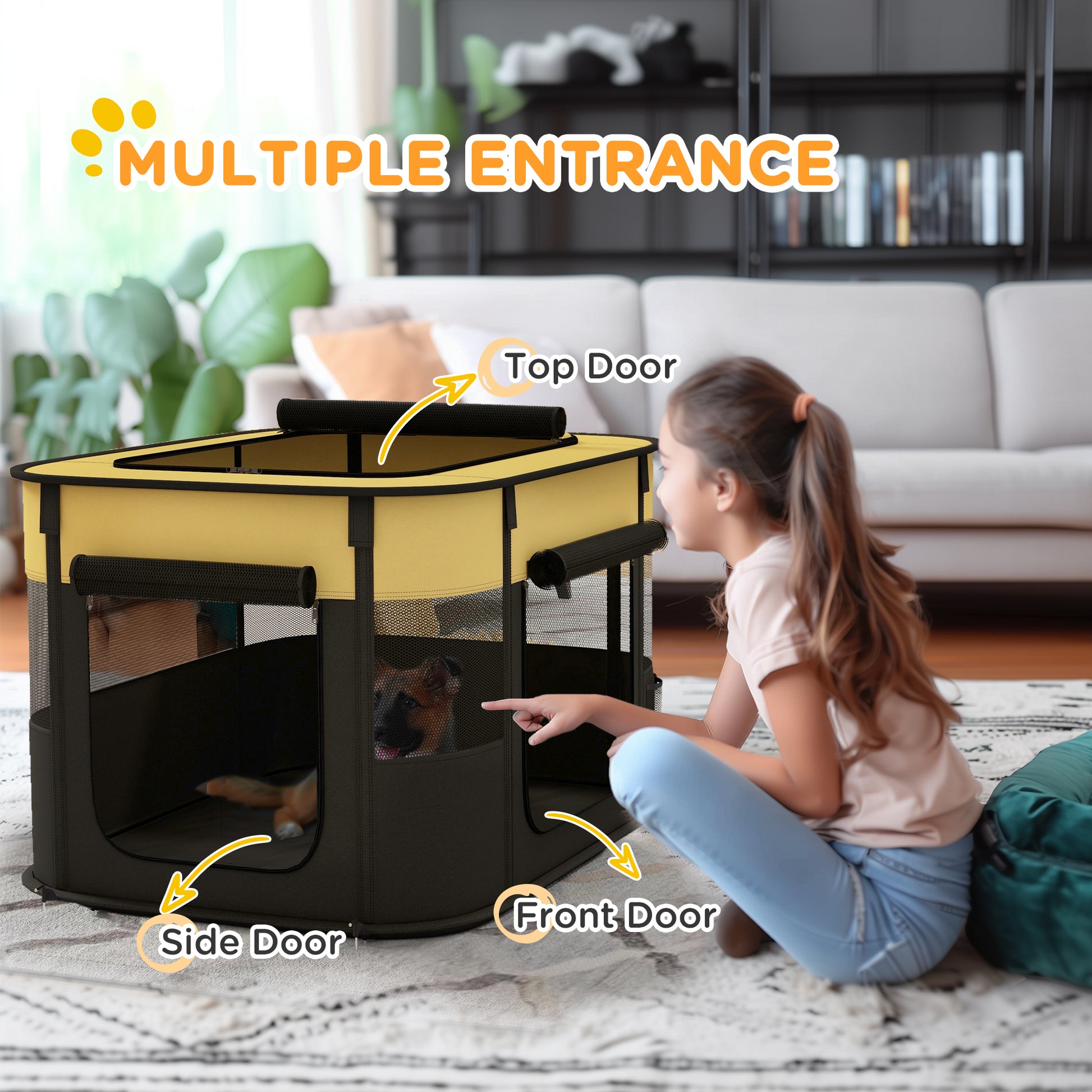 Foldable Dog Pen with Storage Bag for Indoor/Outdoor Use, Yellow | PawHut-3