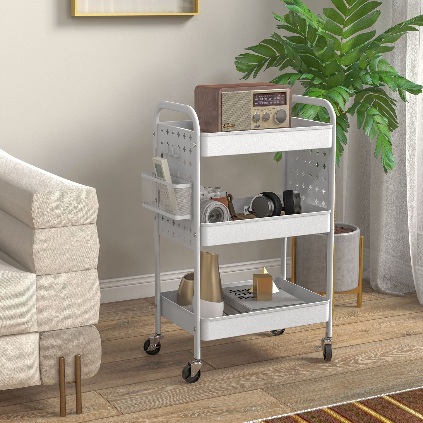 3-tier Storage Trolley on Wheels, Rolling Utility Serving Cart w/ 3 Mesh Baskets, 2 Hanging Boxes & 6 Hooks for Living Room, White | HOMCOM-8